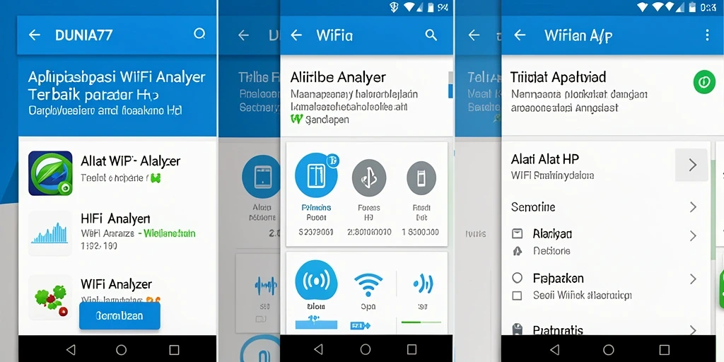 Tampilan antarmuka aplikasi DUNIA77 sebagai WiFi Analyzer.